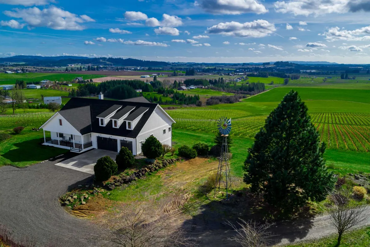 A wide shot of the property showcases the house, a traditional windmill, expansive fields, and mature trees. The open green space and surrounding landscape create a sense of privacy, space, and connection to the countryside—ideal for group activities, outdoor games, or simply enjoying nature together.
